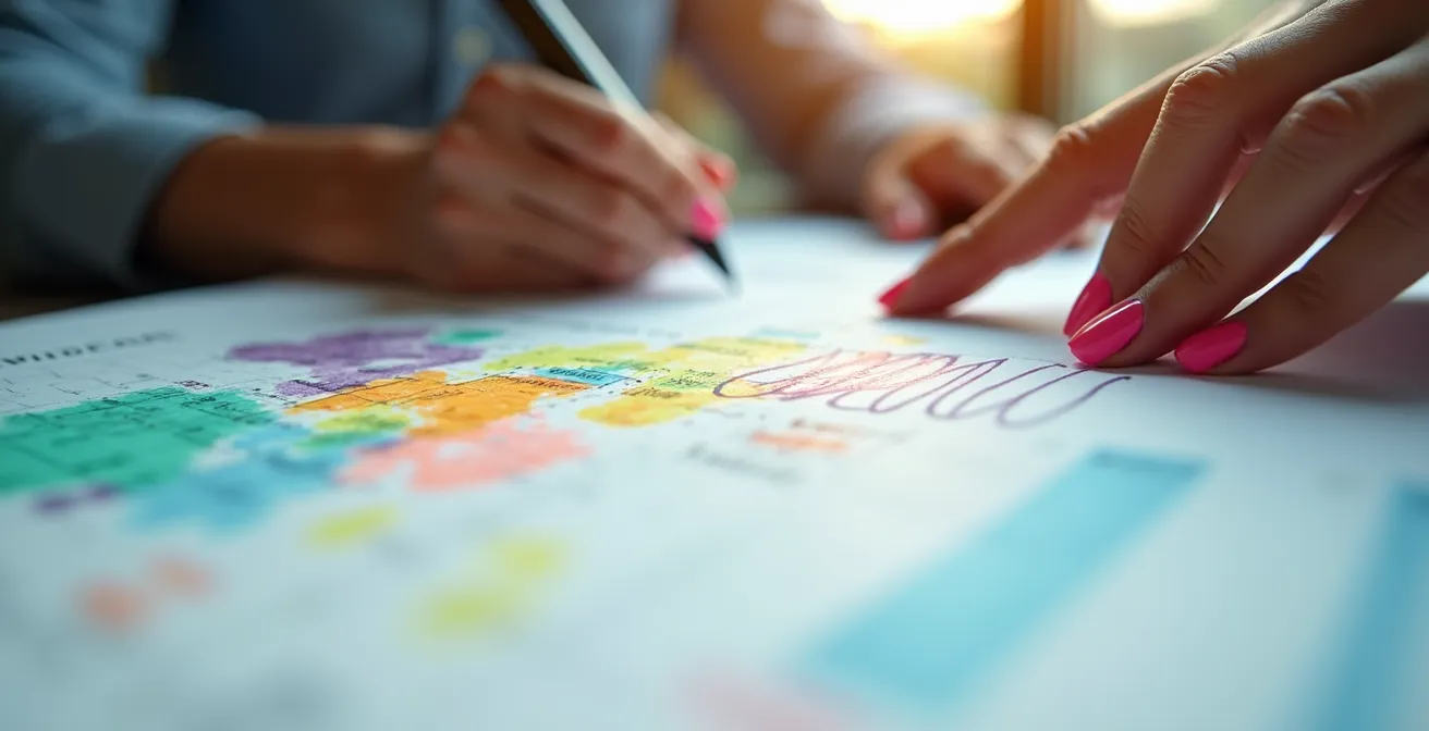 Vista macro di mani che aggiornano documenti con evidenziatori colorati e grafici di crescita