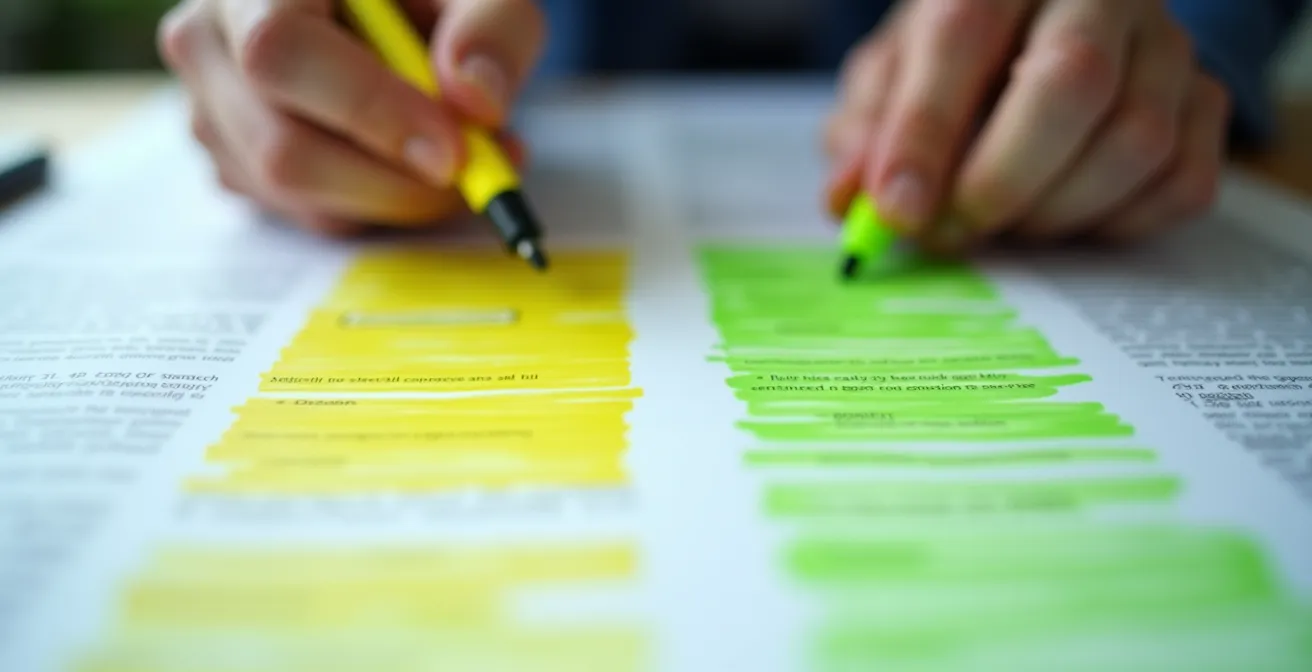 Professionista analizza documenti con evidenziatori colorati per sentiment analysis