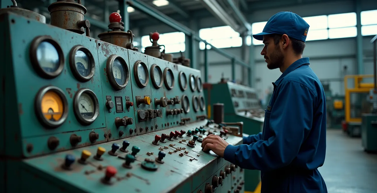 Dashboard industriale con densità informativa elevata in stile brutalista funzionale