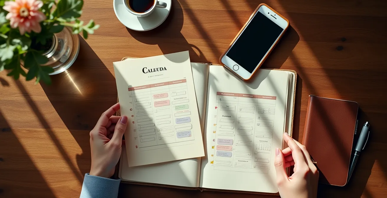 Vista dall'alto di una scrivania con un calendario, uno smartphone e una tazza di caffè, a simboleggiare la pianificazione dei contatti di nurturing nel tempo.