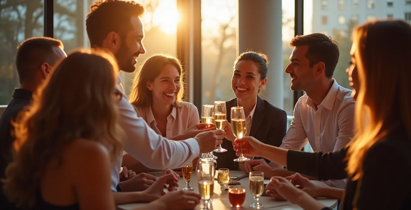 Team multigenerazionale italiano in evento aziendale celebra il lancio del nuovo brand