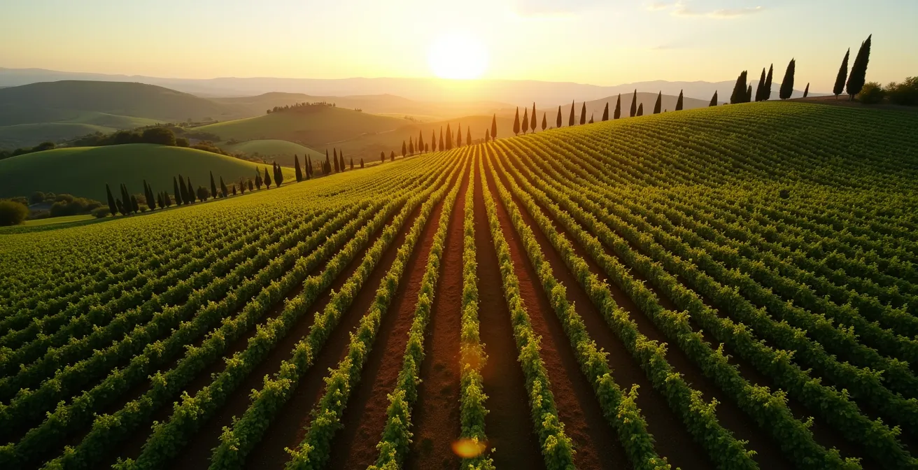 Vista aerea di vigneti geometrici italiani con colline toscane sullo sfondo