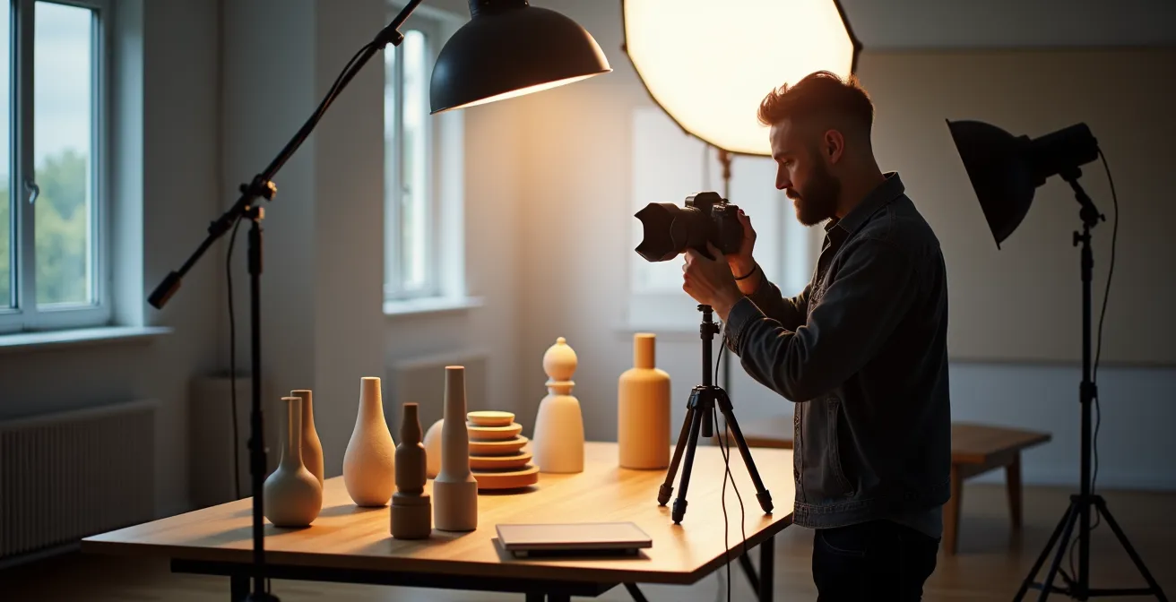 Studio fotografico professionale con attrezzature e prodotti allestiti per shooting