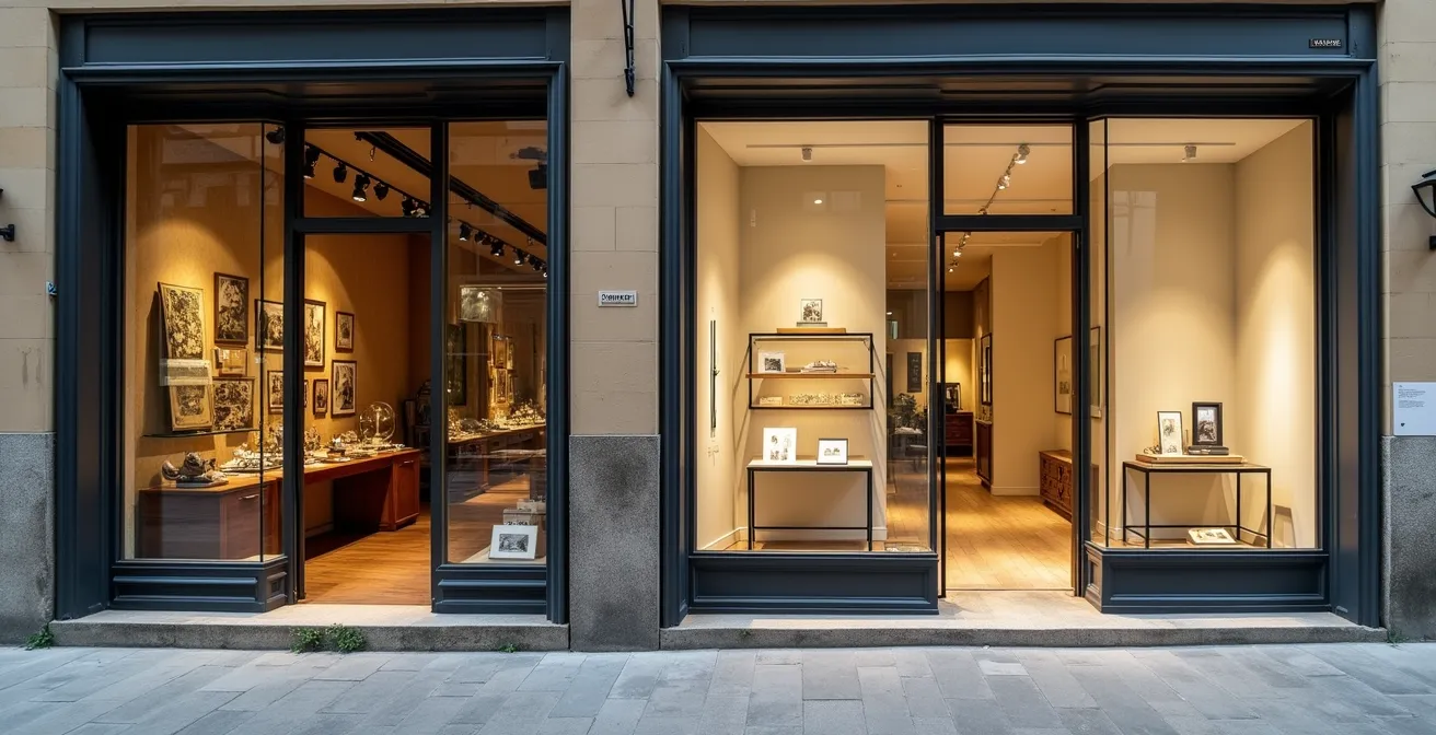 Doppia esposizione di due vetrine di negozio che mostrano approcci diversi alla tradizione