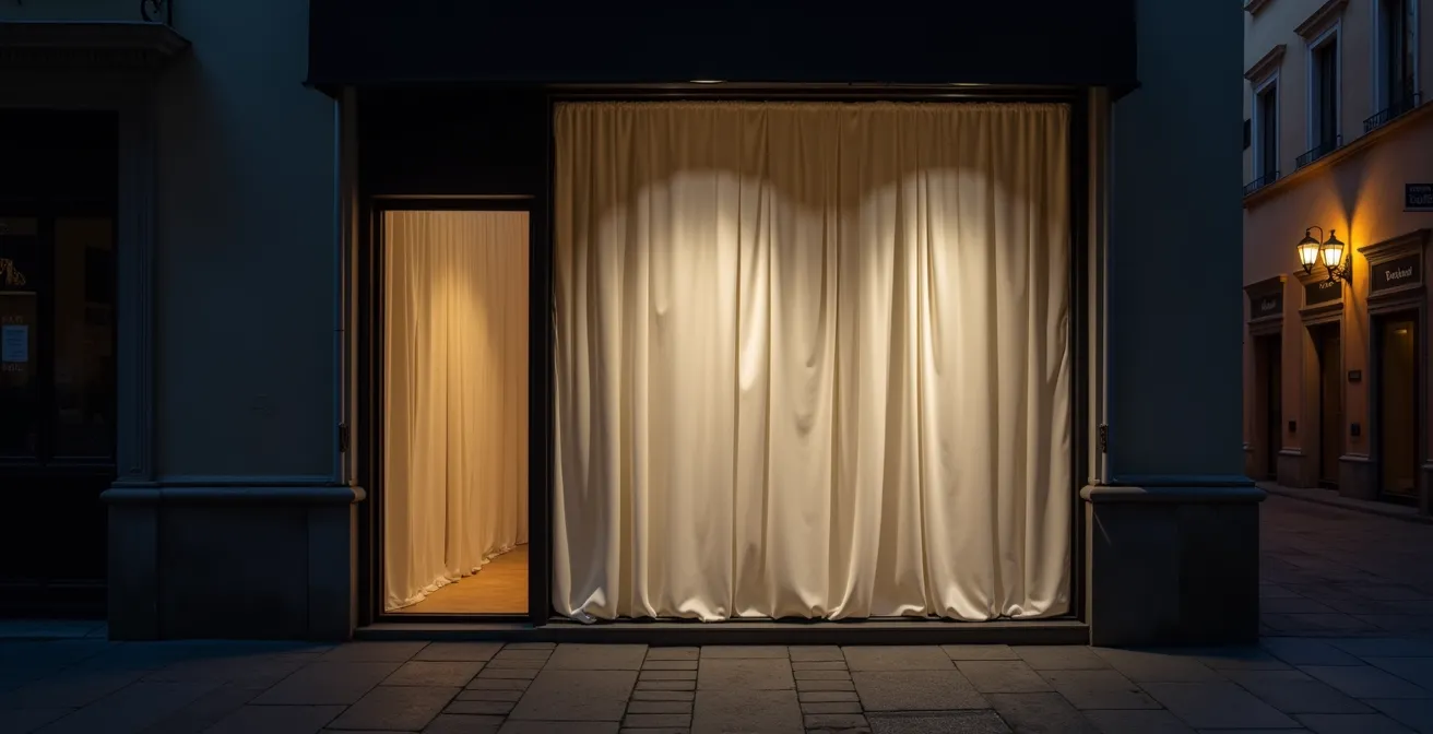 Vetrina coperta con elementi di countdown e teasing per l'apertura di un pop-up store