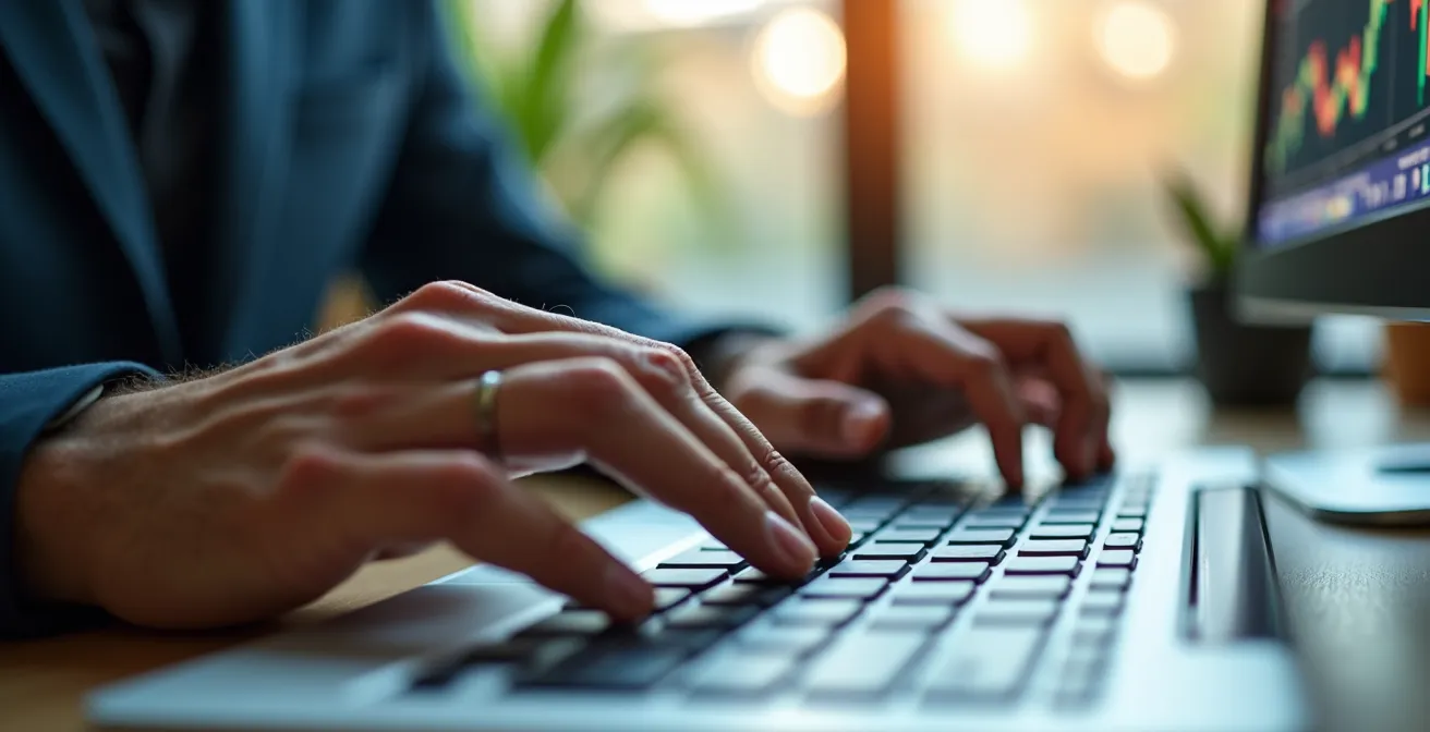 Mani su tastiera analizzano grafici Google Trends per ricerche locali brand su schermo sfocato