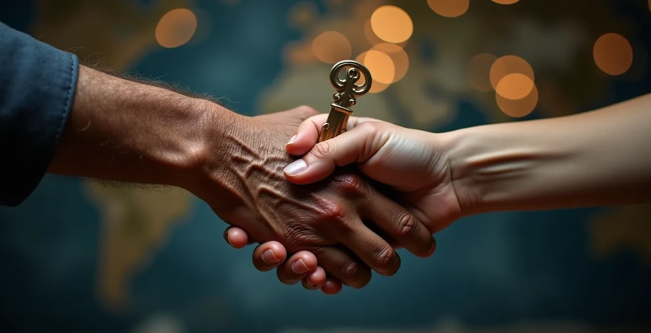 Cerimonia aziendale con passaggio simbolico tra generazioni in ambiente moderno