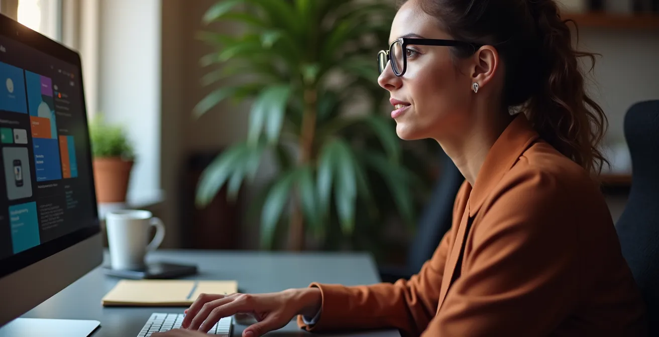 Professionista italiano che lavora con strumenti AI per la creazione di contenuti mantenendo il controllo creativo