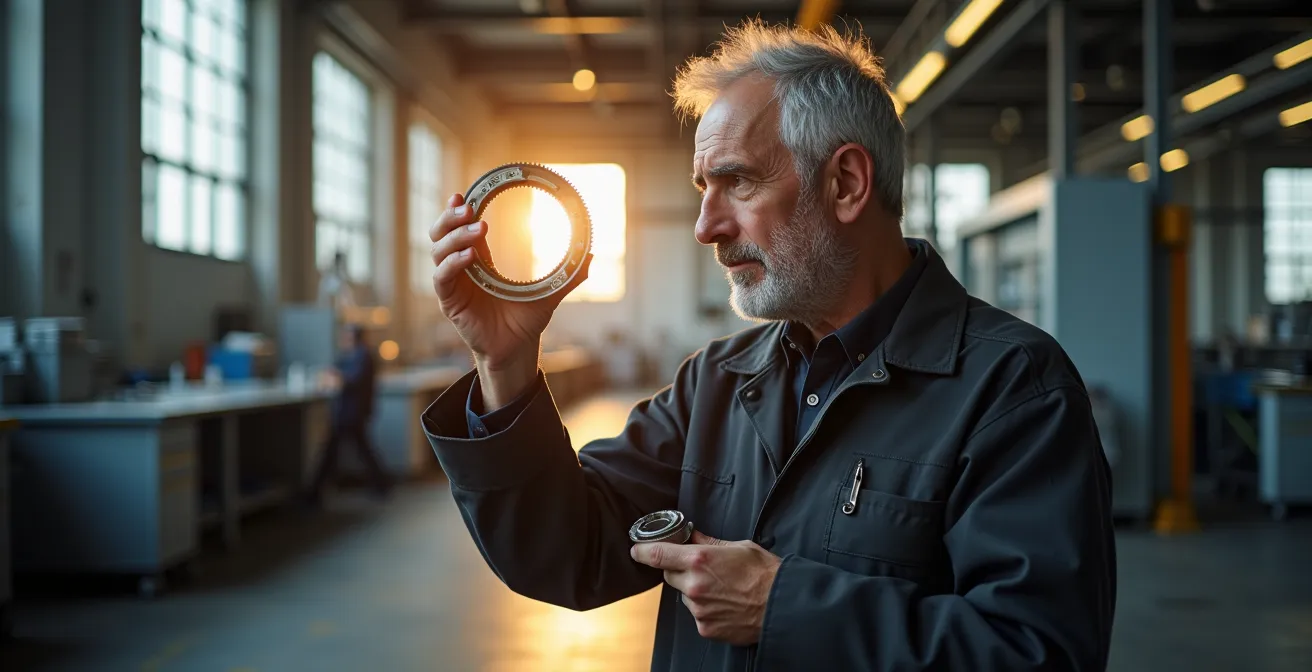 Ingegnere italiano senior esamina componente meccanico di precisione nel laboratorio aziendale