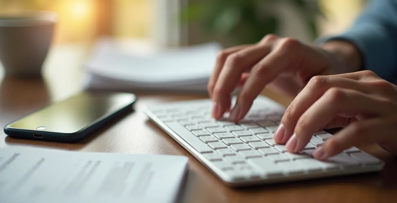 Mani su tastiera wireless con smartphone e documenti sfocati sullo sfondo