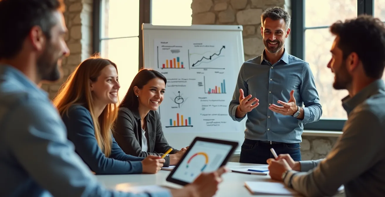 Gruppo di professionisti in sessione formativa interattiva con elementi digitali astratti