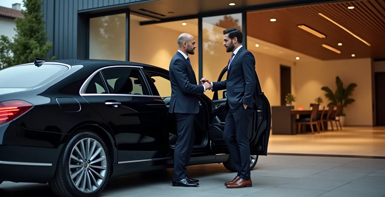 Elegante showroom moderno con transfer privato di lusso e vista panoramica sulla periferia milanese