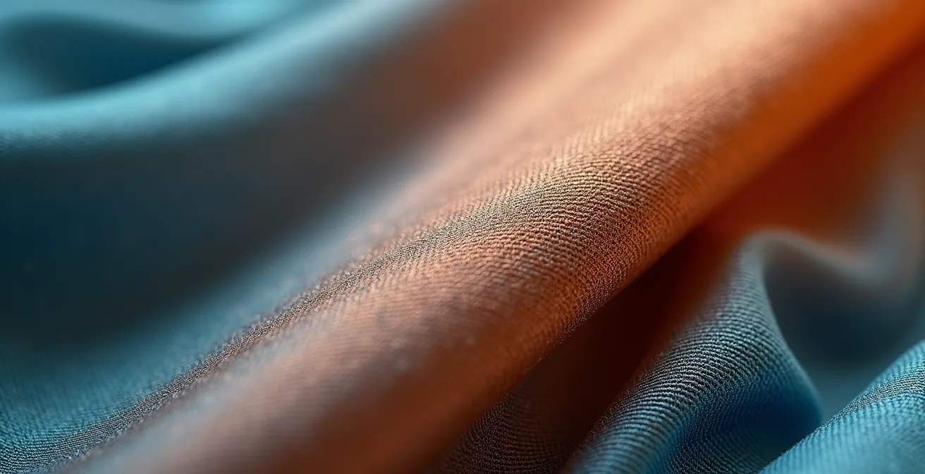 Dettaglio di tessuto pregiato italiano che si svela progressivamente dall'alto verso il basso