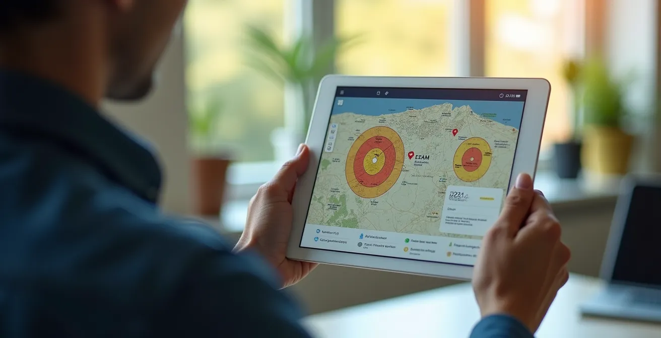 Screenshot della piattaforma D-Flight con zone colorate intorno a un aeroporto italiano