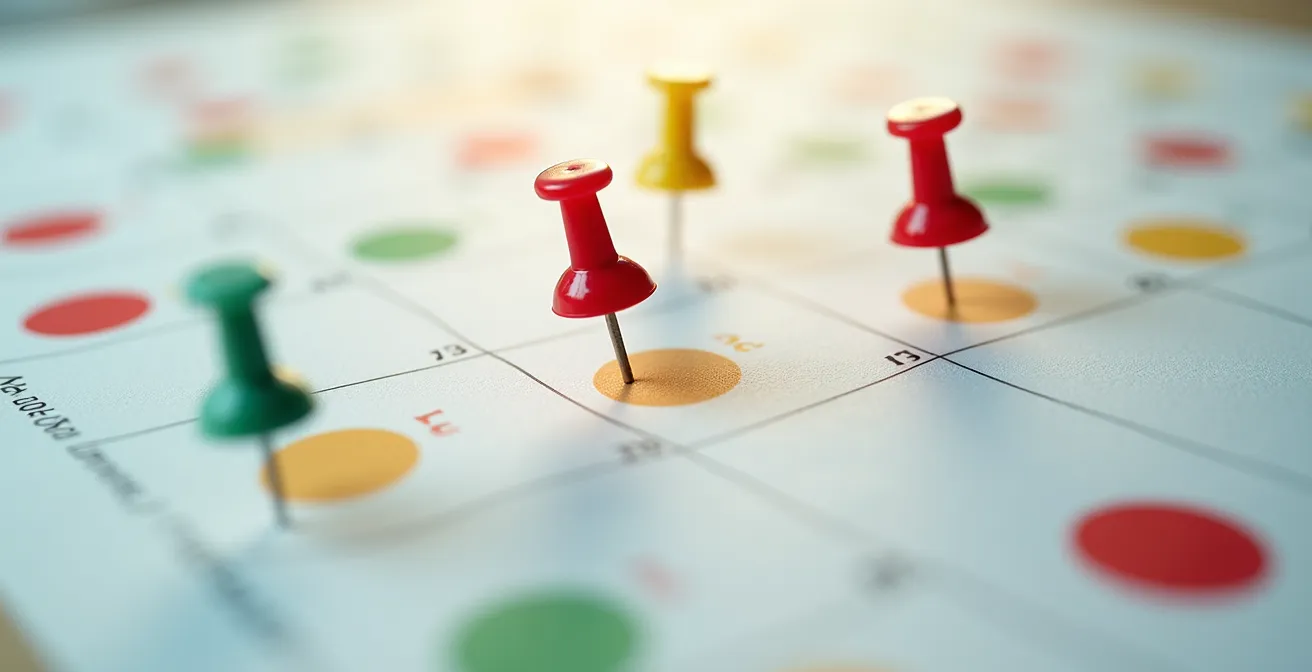 Vista macro di un calendario con pin colorati che segnano le scadenze critiche per il Fuorisalone