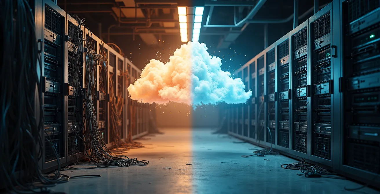 Confronto visivo tra sistema legacy e soluzione cloud moderna per PMI