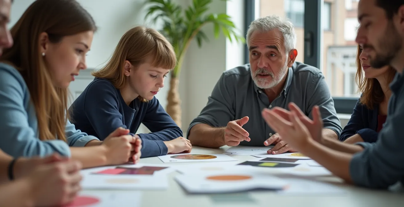 Gruppo di persone di diverse età che osservano e discutono materiali aziendali