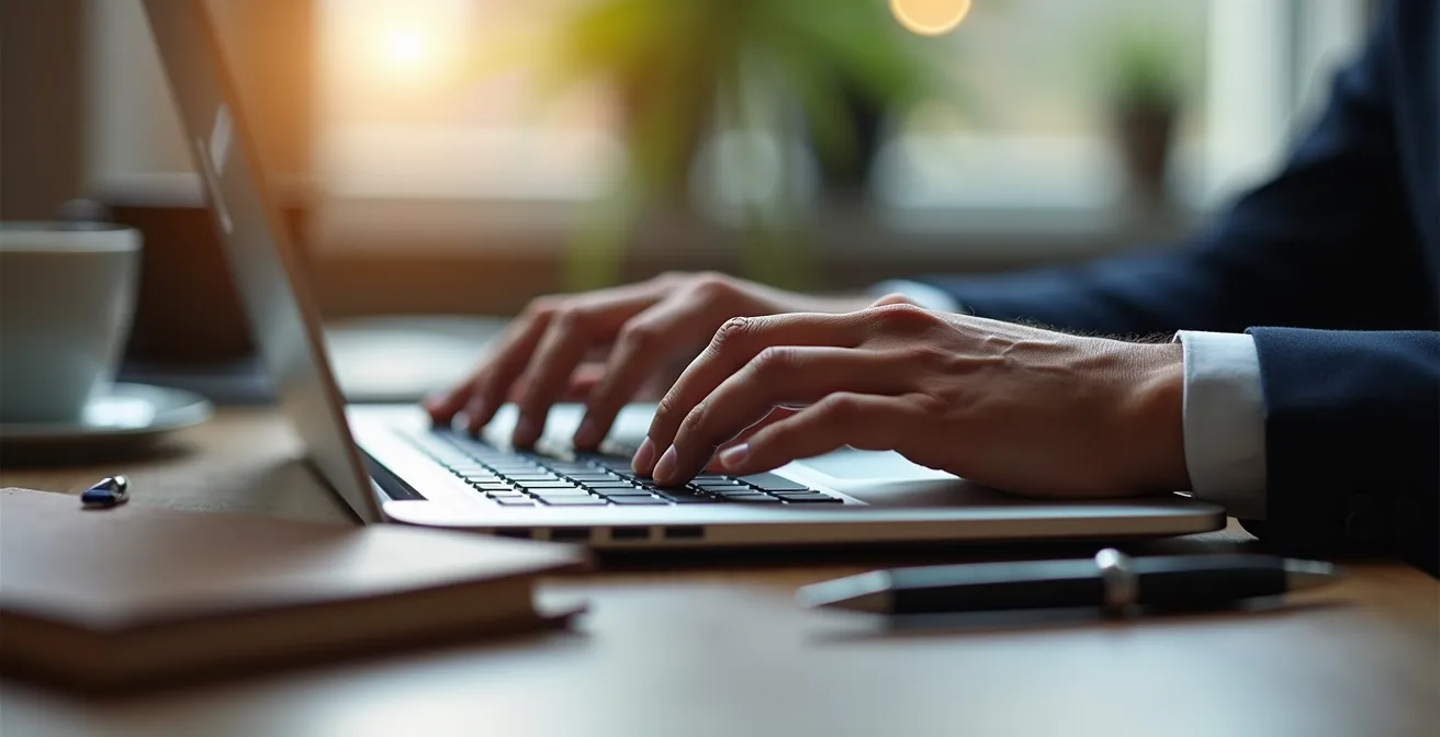 Primo piano di mani che digitano su un laptop, con lo schermo sfocato che mostra un feed social, simboleggiando i commenti strategici su LinkedIn.