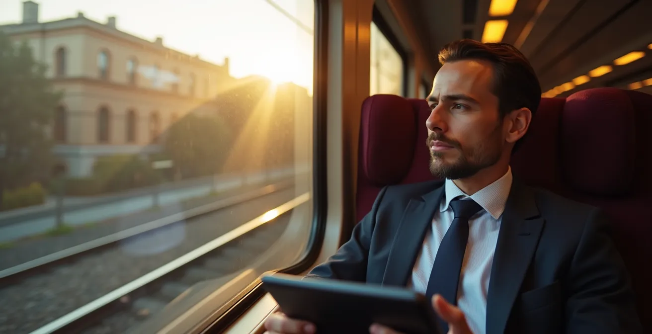 Professionista in treno al mattino con dispositivi mobili e vista sfocata del paesaggio urbano