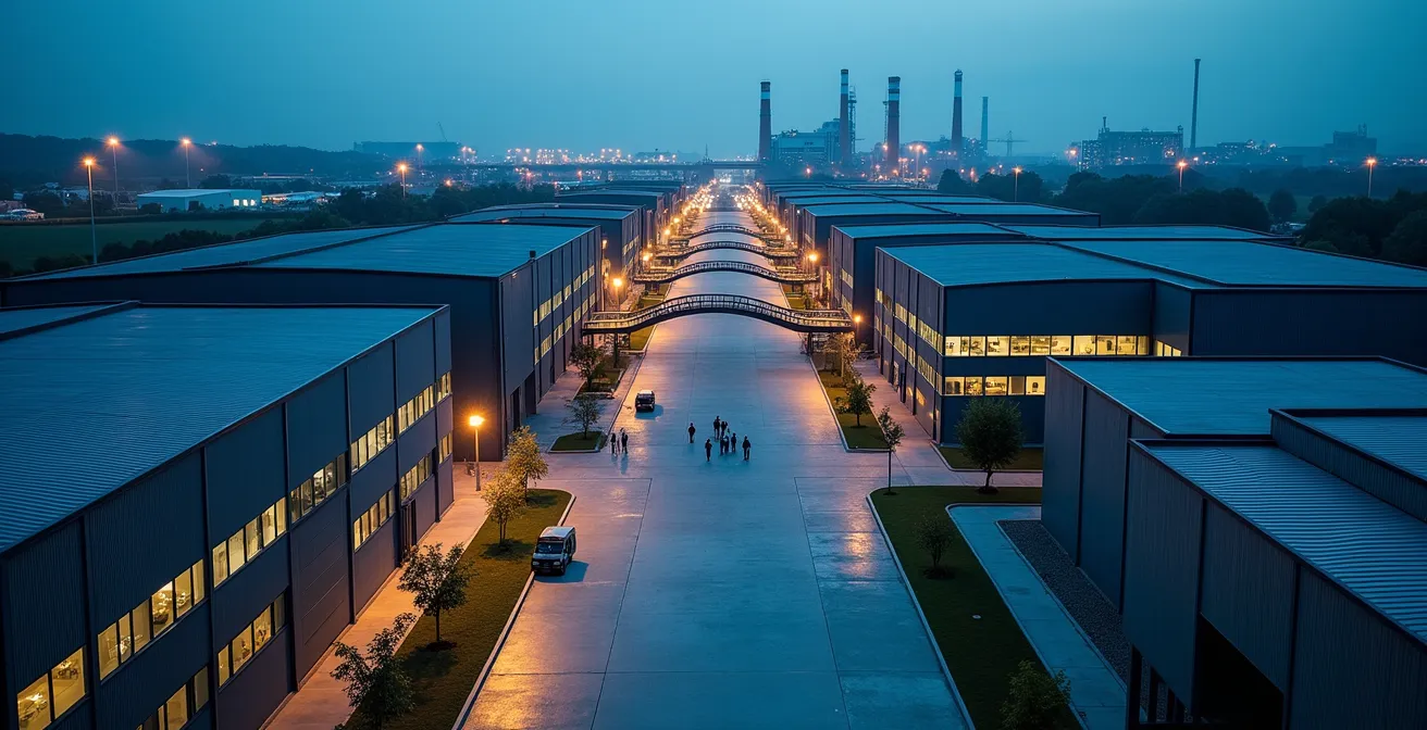 Vista panoramica di un distretto industriale veneto con diverse fabbriche collegate da percorsi illuminati che simboleggiano la collaborazione