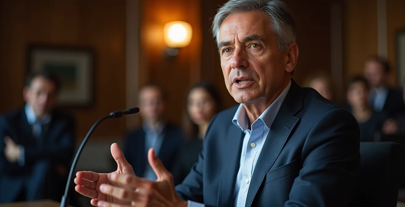 CEO italiano comunica con calma risultati finanziari durante conferenza stampa