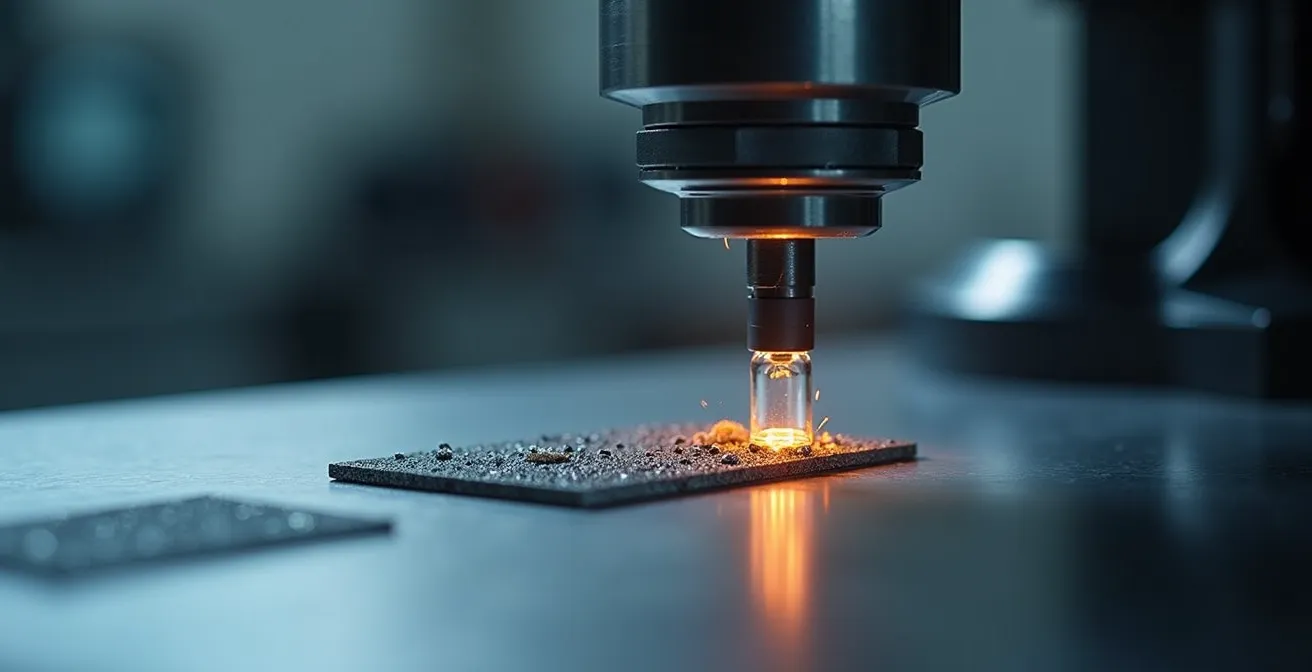 Primo piano macro di un prodotto sottoposto a test di resistenza meccanica in laboratorio con strumentazione professionale