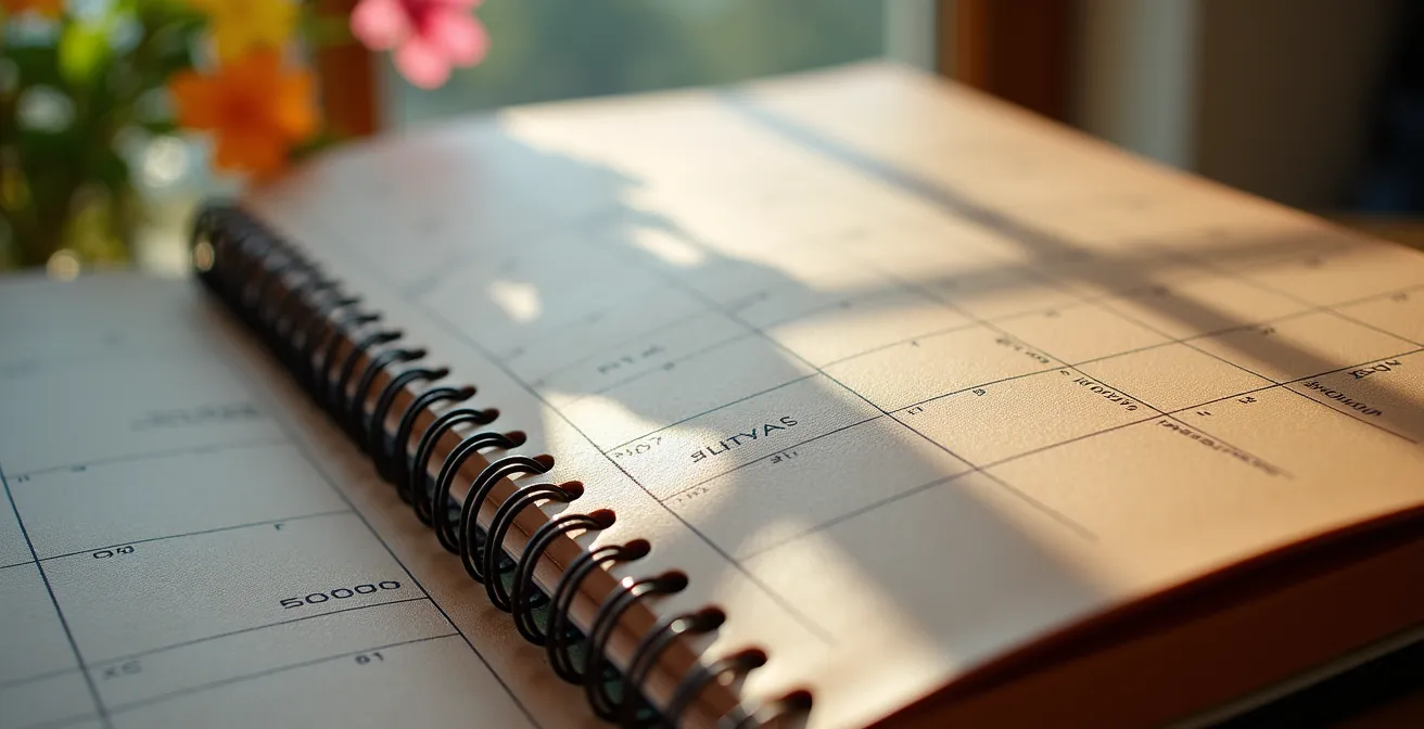 Vista macro di un calendario aziendale italiano con elementi stagionali